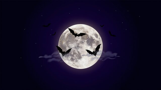 Full moon night with silhouettes of black bats flying against glowing lunar surface in purple sky.