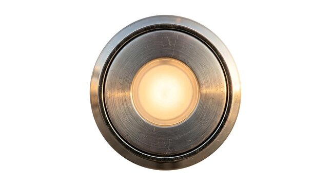 Round metal recessed spotlight with glowing warm light isolated on white