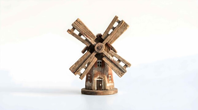 Rustic wooden windmill miniature toy model on clean white studio background