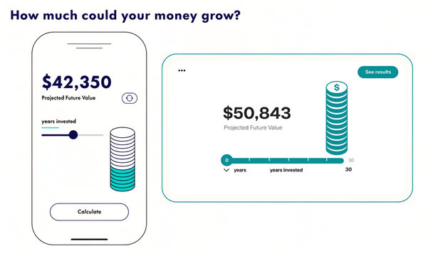 How Much Could Your Money Grow UI &ndash; Investment Calculator and Financial App Interface Showing Projected Future Value and Years Invested