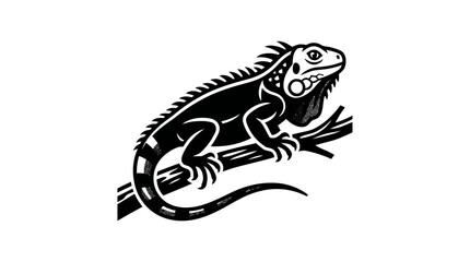 Fototapeta premium Iguana lizard perched on tree branch linocut graphic.