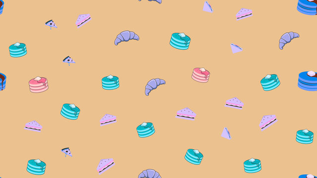 Cute food pattern with pancakes, croissants, and cake