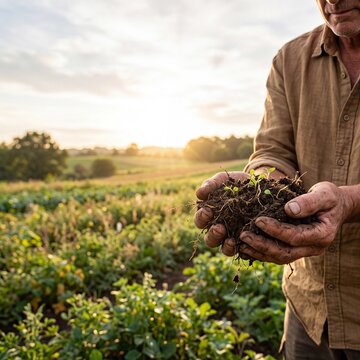 Low Angle View of Farmer's weathered hands holding a ric in Bright Stu