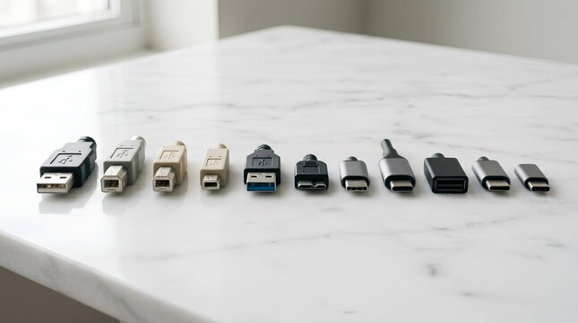 Various USB adapters and connectors in a row.