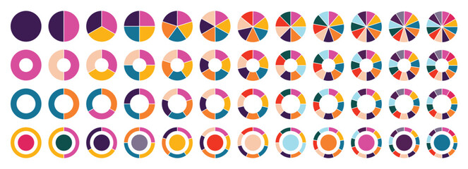 Plakat Pie chart set. Circle pie chart infographics. Pizza part slice graph vector diagram. Round wheel divide into equal segments.