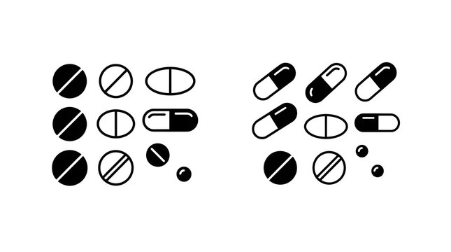 Black and white pill and capsule icons