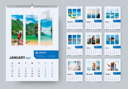 Modern 2027 Wall Calendar Design Template with Summer Travel Theme
