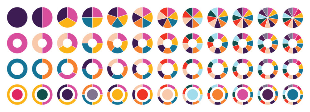 Pie chart set. Circle pie chart infographics. Pizza part slice graph vector diagram. Round wheel divide into equal segments.