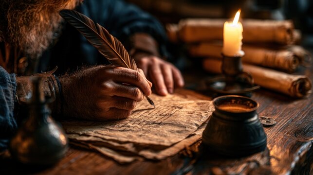 An ancient scribe writes with a quill pen by candlelight with scrolls and ink pot