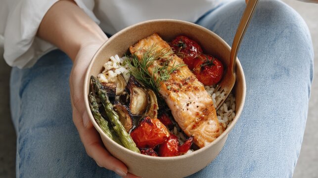 Healthy grilled salmon bowl with rice and roasted vegetables for a nutritious meal