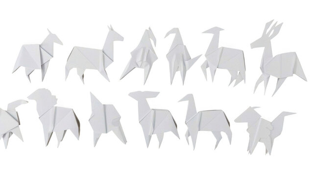 Series of origami animals arranged in a row against a plain transparent background for artistic display.