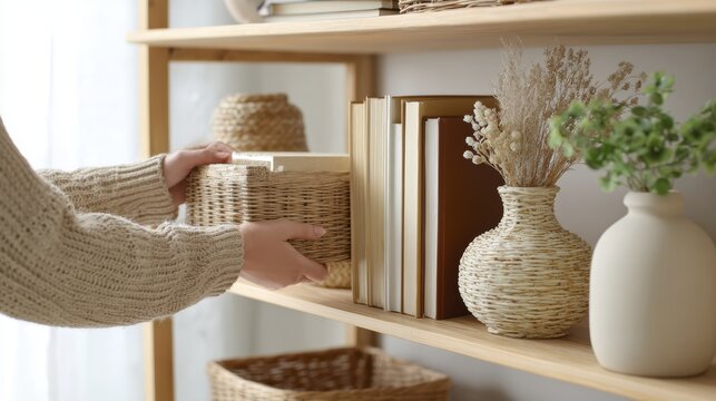 Cozy home decor: hand arranging rustic woven basket on wooden shelf with books and plants