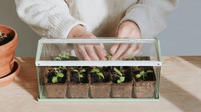 Hands tending seedlings in mini greenhouse for sustainable urban gardening