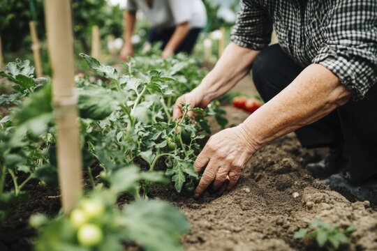 Gardening concept: hands planting tomato seedlings in fresh soil for sustainable agriculture