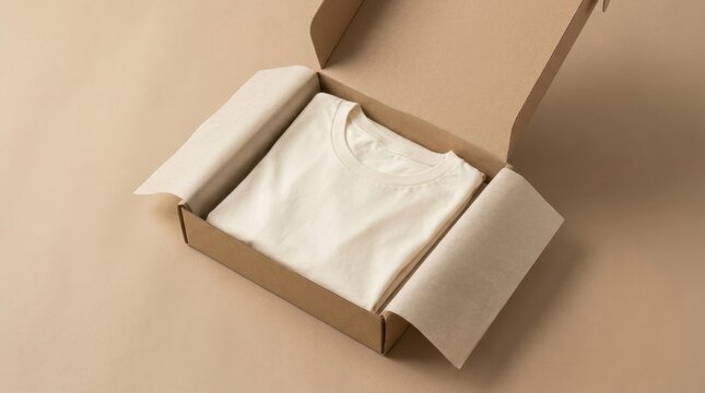 White T-shirt neatly folded inside an open cardboard shipping box with tissue paper.