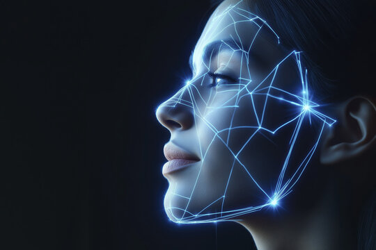 Futuristic facial recognition technology with digital network on human face