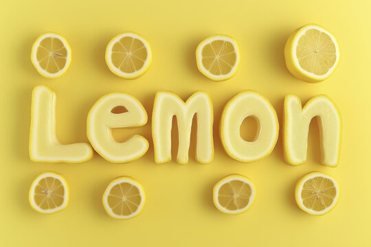 Creative arrangement of lemons forming the word lemon on vibrant yellow background