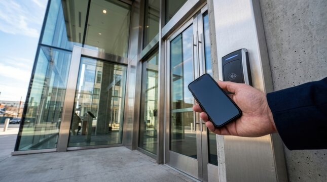 A hand holds a smartphone near a sleek electronic card reader mounted on a modern glass and concrete building entrance