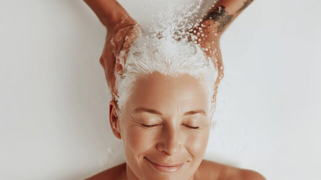 Relaxing hair wash experience with smiling woman enjoying gentle scalp massage and foam