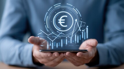 Obraz premium Man holding smartphone displaying futuristic financial trading charts with euro symbol
