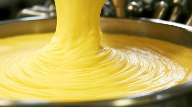 Thick yellow batter swirling in industrial mixer close up