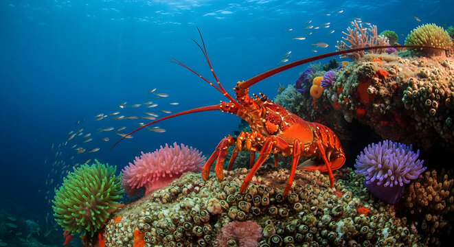 Bright red lobster on a colorful coral reef underwater