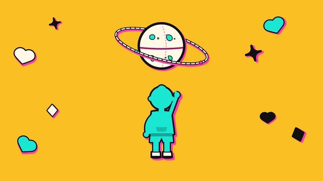 Animated vector character pointing at a planet on yellow