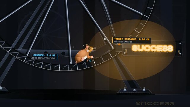 3D animation illustrating the hustle culture trap with a golden hamster running endlessly on a giant wheel chasing an unreachable success sign, depicting illusion of progress and burnout