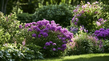 Obraz premium Lush garden scene with blooming purple flowers and green foliage in sunlight on well-maintained grassy lawn during daytime