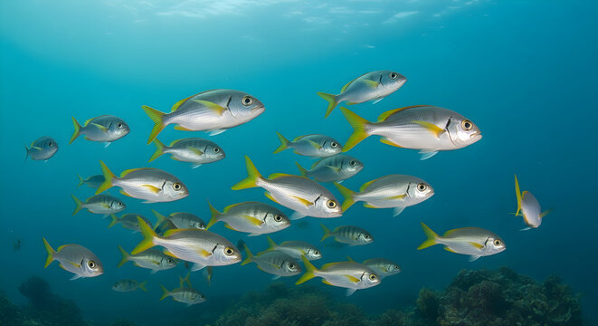 School of yellowtail snapper fish swimming in clear blue ocean