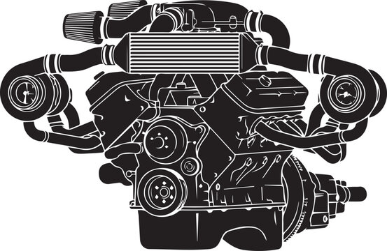 Twin turbo v8 engine vector illustration featuring intercooler and air filters for high performance.