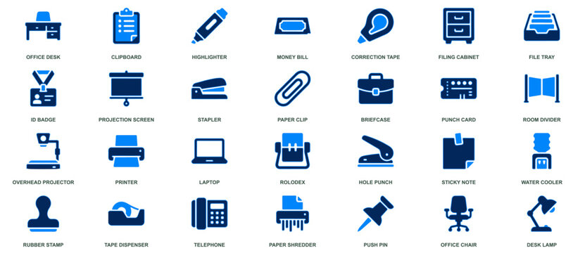 Set of blue and black office supply icons for business and work environment illustrations.