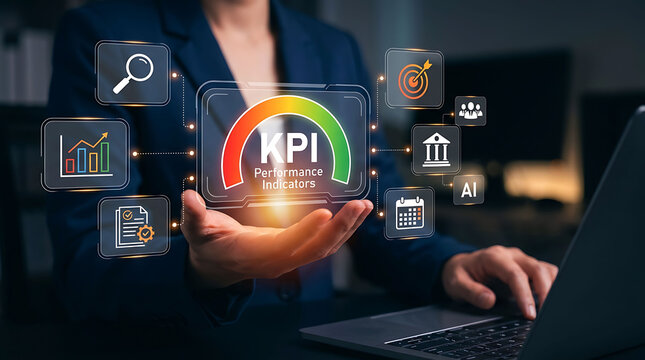 Business professional analyzing key performance indicators with digital interface