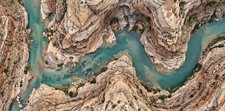 Aerial view of a winding turquoise river flowing through a deep, rocky canyon with layered sandstone cliffs, textured geological formations, and sparse green vegetation along the riverbanks