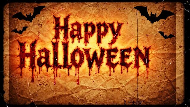 A vintage-style "Happy Halloween" greeting with blood-dripping text and flying bats on a grungy, aged background, evoking a spooky and festive atmosphere.