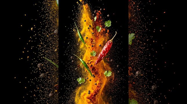 Red chili pepper with flying spices and herbs exploding in a cloud of powder against a black background