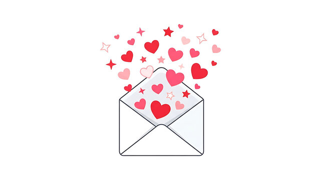 Open envelope releasing hearts and stars, romantic message isolated on transparent background