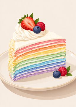 Rainbow Mille Crepe Cake Slice Vector Illustration, Layered Colorful Cake Topped with Fresh Berries and Whipped Cream