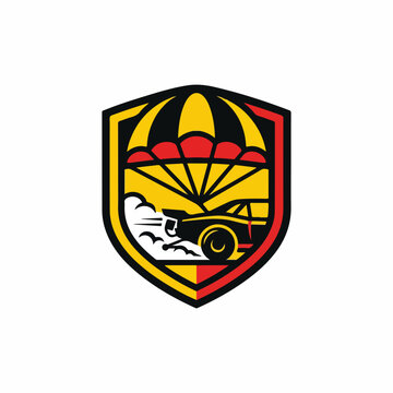 Shield Emblem with Car and Parachute Design.