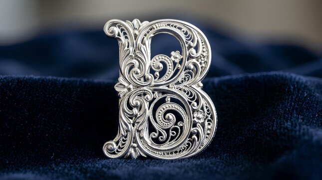 Ornate silver metal letter B on blue velvet.
