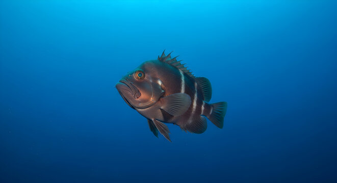 Striped grouper fish swimming in deep blue ocean water