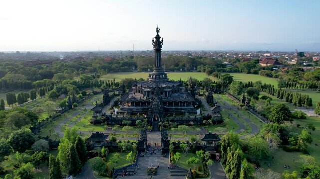 Aerial drone view of Traditional balinese hindu temple Bajra Sandhi monument in Denpasar, Bali, Indonesia