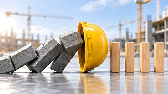 Industrial workplace safety concept featuring yellow hard hat stopping falling concrete blocks to prevent construction accident
