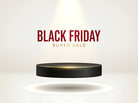 Black Friday super sale text with a black product display podium stage