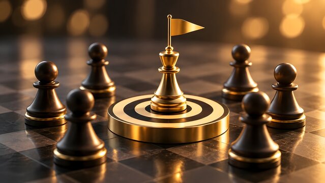 Strategic leadership business concept featuring golden king chess piece on target board surrounded by black pawns