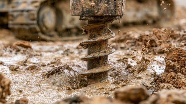 Heavy duty auger drill bit breaking through wet soil and mud outdoors