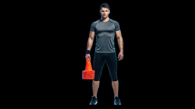 A fit man in athletic wear stands with an orange cone, symbolizing fitness and training