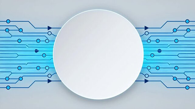White oval shape surrounded by blue circuit patterns with dots and arrows on white background