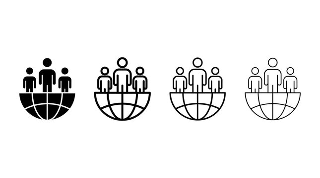 Set of four global people icons showing human figures standing on a world globe representing international community