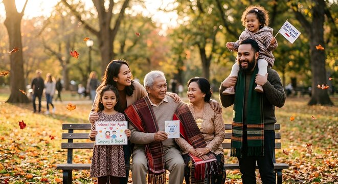 Happy Multi Generation Family Sitting On Park Bench Holding Drawings During Autumn Sunset In Gold Light